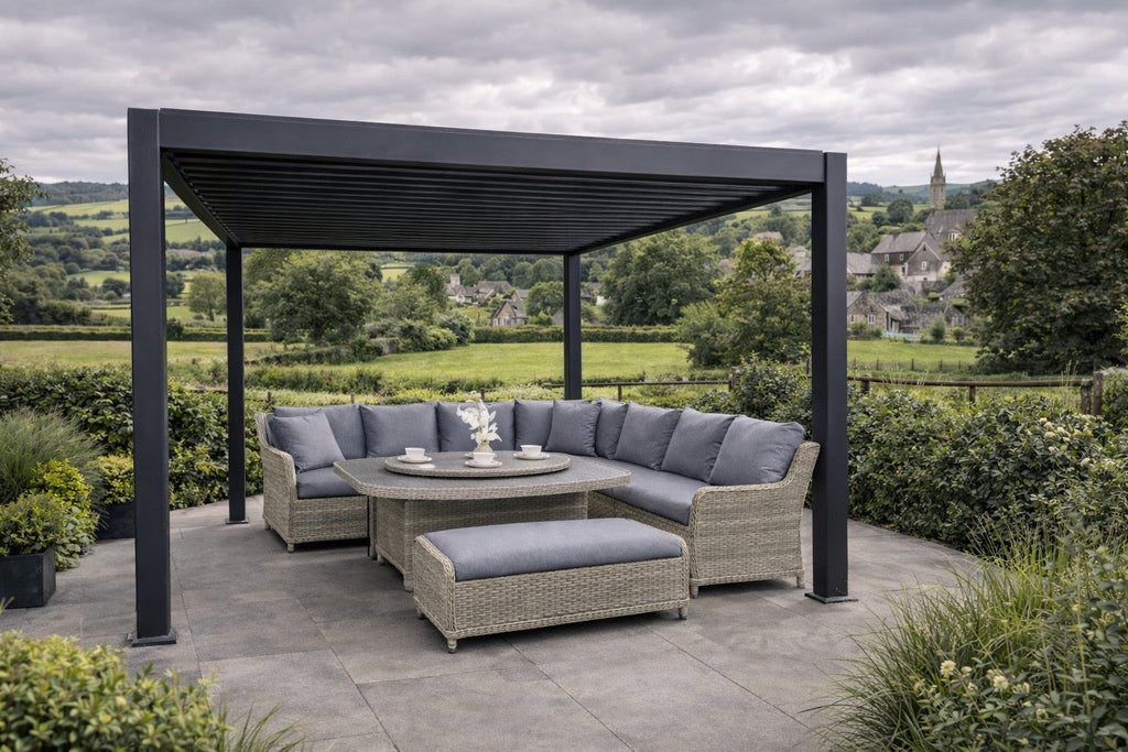 Atlas louvred pergola 4x3 in a garden setting